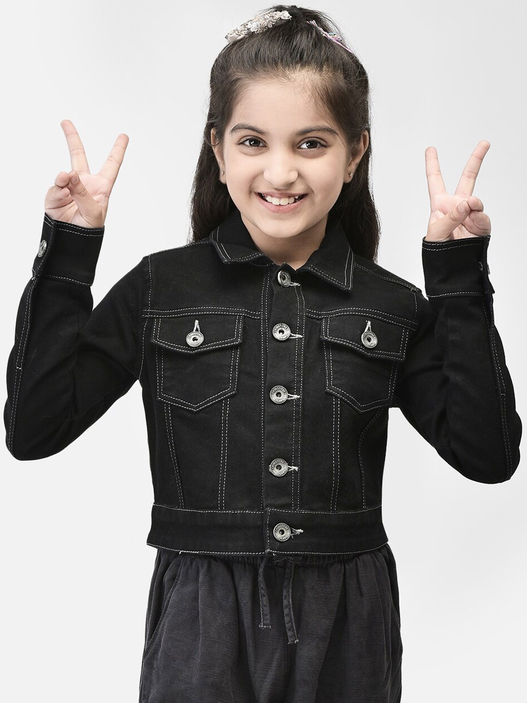 

Crimsoune Club Girls Spread Collar Denim Jacket, Black