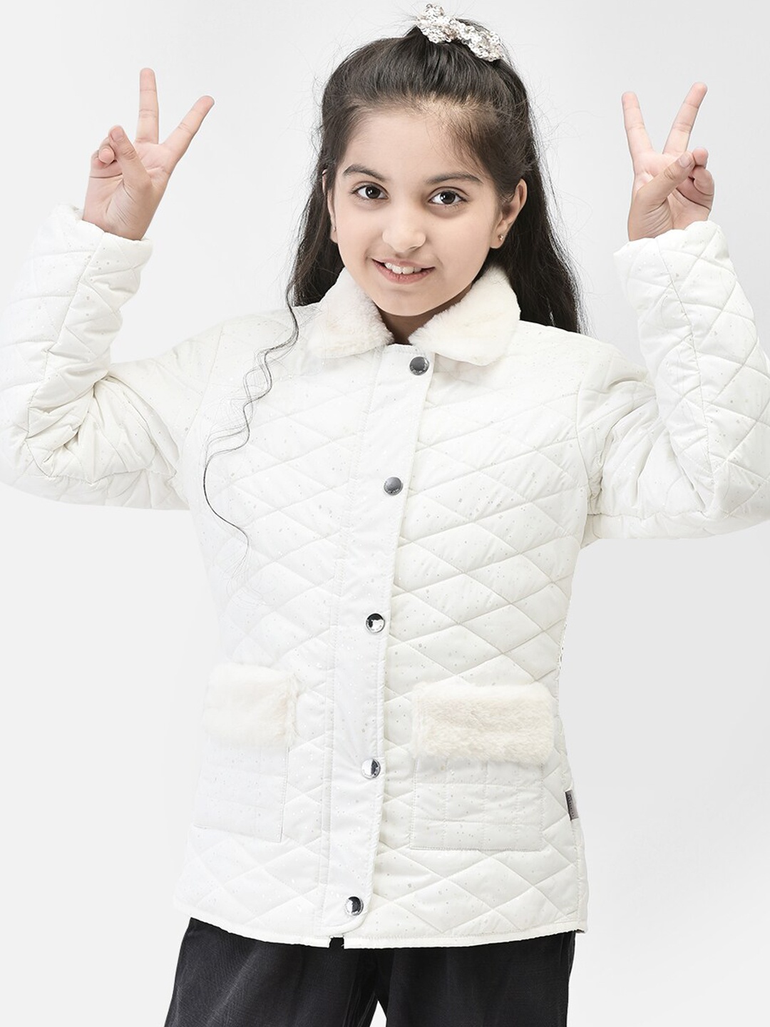 

Crimsoune Club Girls Spread Collar Quilted Jacket, White