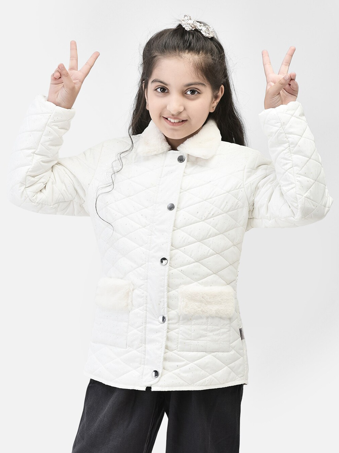 

Crimsoune Club Girls Spread Collar Quilted Jacket, White