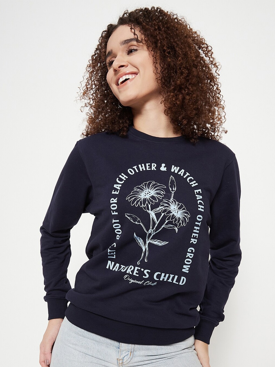 

Mast & Harbour Typography Printed Round Neck Cotton Pullover Sweatshirt, Navy blue