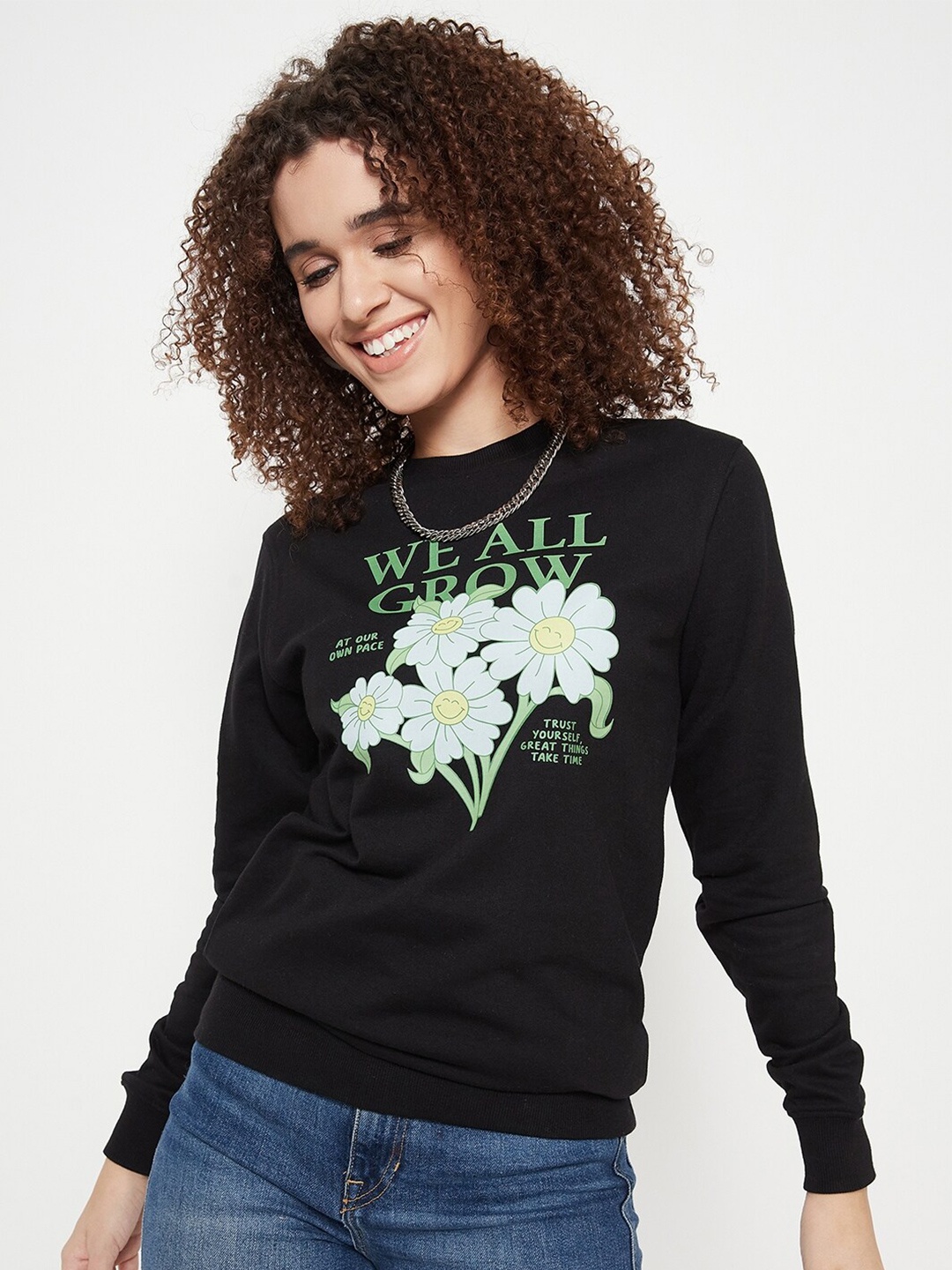 

Mast & Harbour Floral Printed Round Neck Cotton Pullover Sweatshirt, Black