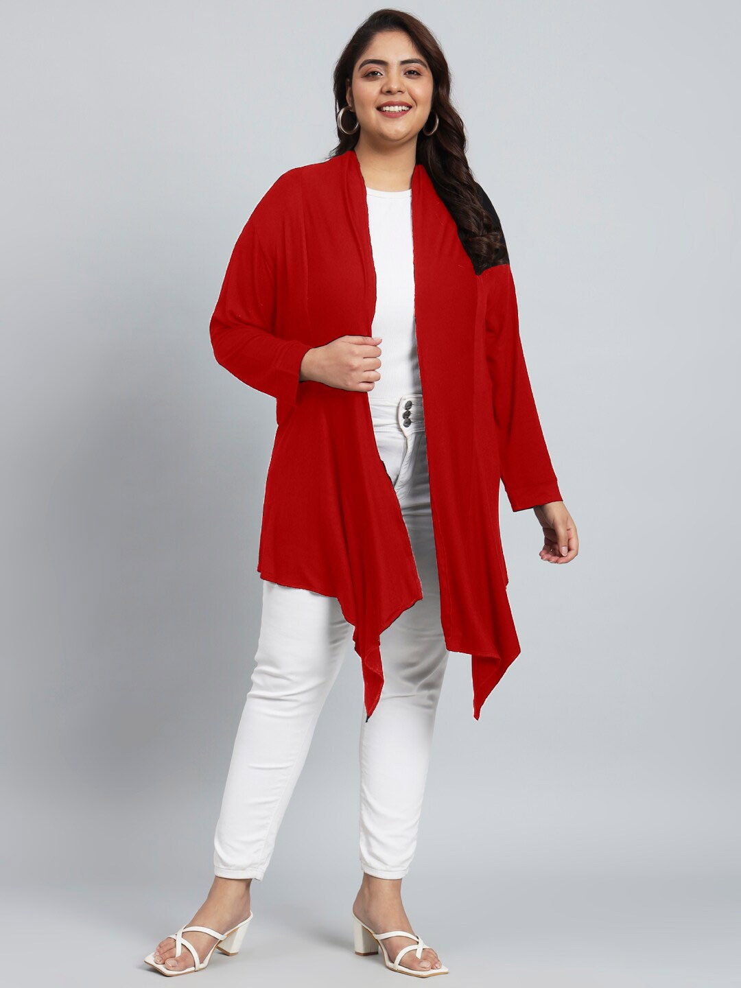 

urSense Plus Size Cotton Longline Open Front Shrug, Red