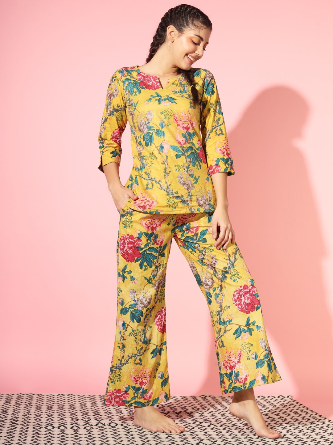 

ETC Floral Printed Pure Cotton Night suit, Yellow