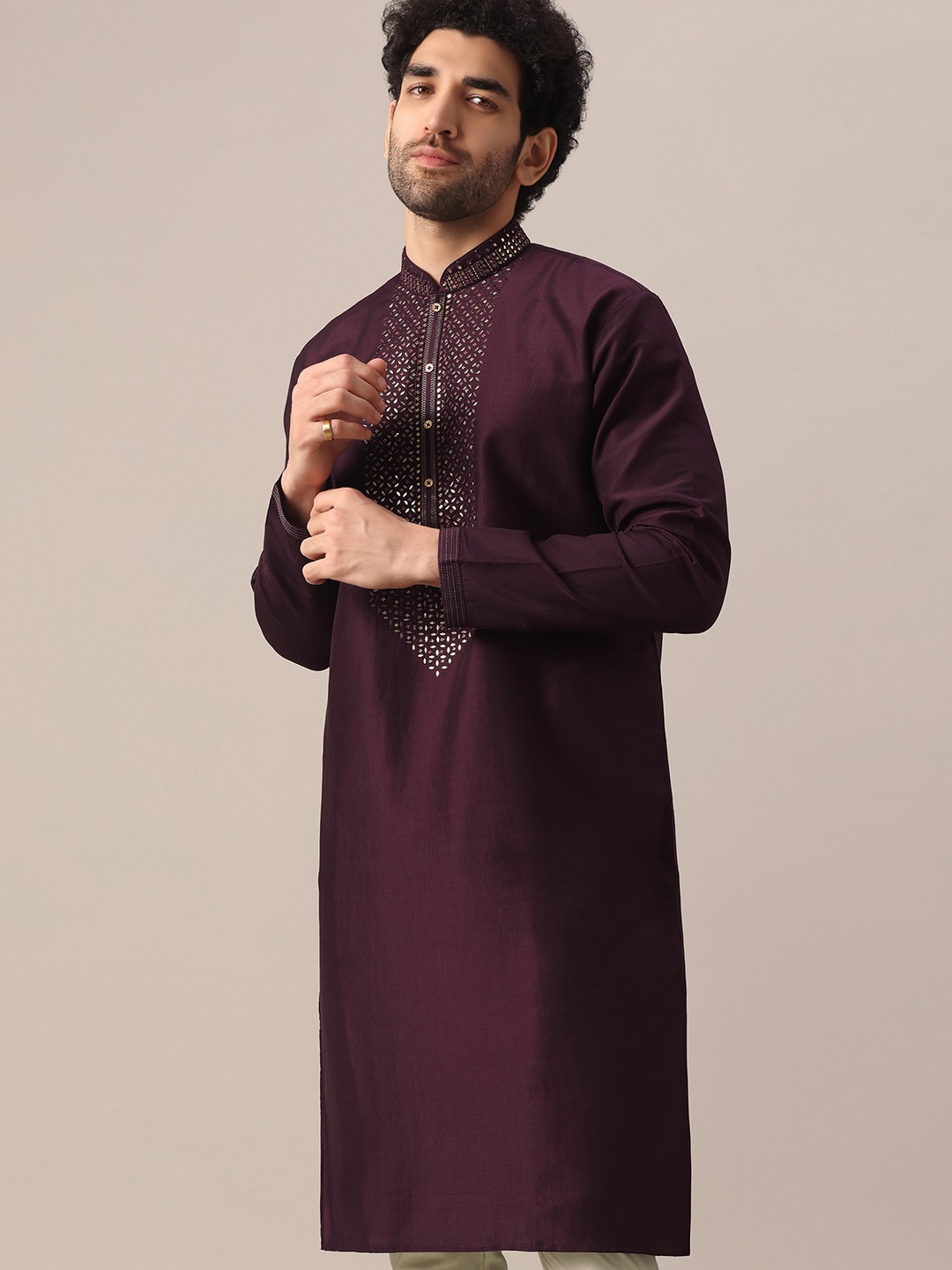 

KALKI Fashion Yoke Design Mandarin Collar Thread Work Kurta with Churidar, Purple