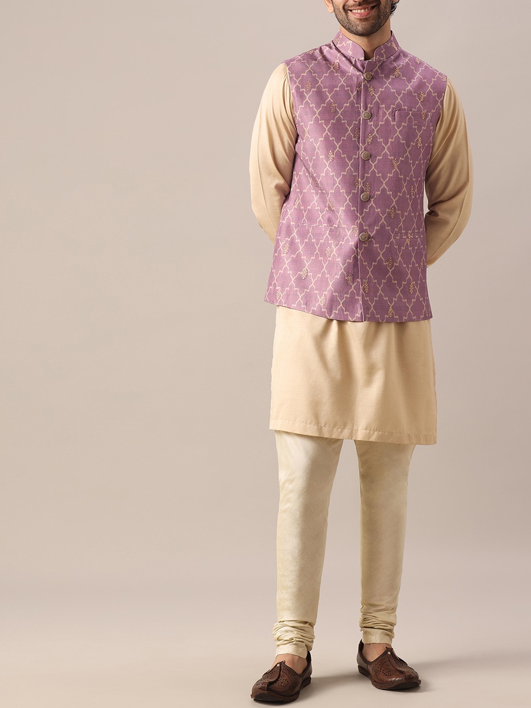 

KALKI Fashion Mandarin Collar Long Sleeves Kurta With Pyjamas & Nehru jacket, Purple