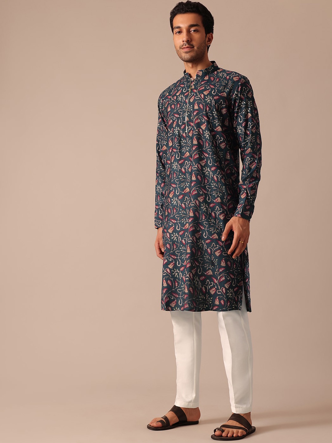 

KALKI Fashion Floral Printed Mandarin Collar Kurta With Churidar, Blue