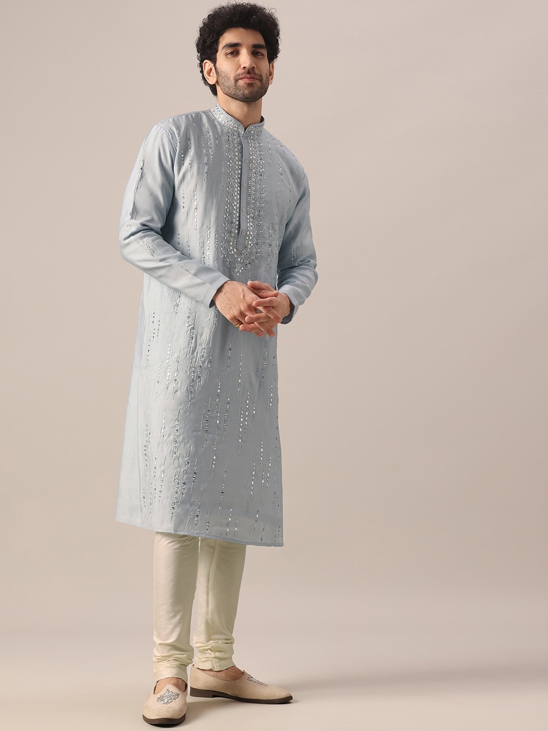 

KALKI Fashion Ethnic Motifs Embroidered Mirror Work Mandarin Collar Kurta With Churidar, Grey