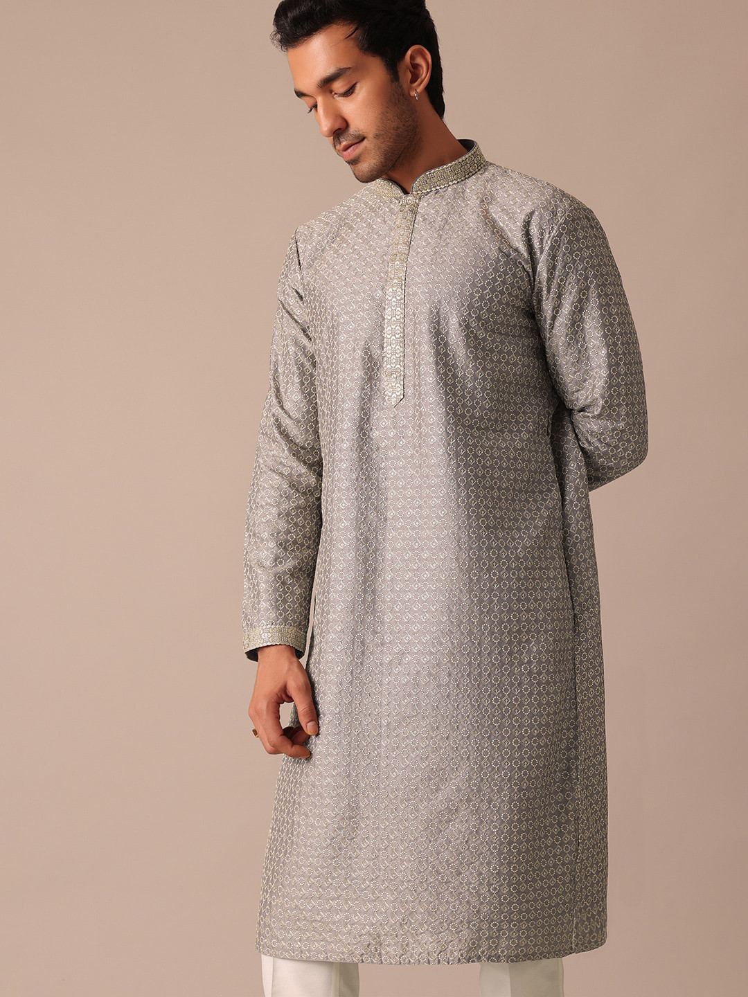 

KALKI Fashion Ethnic Motifs Embroidered Mandarin Collar Kurta With Trouser, Grey