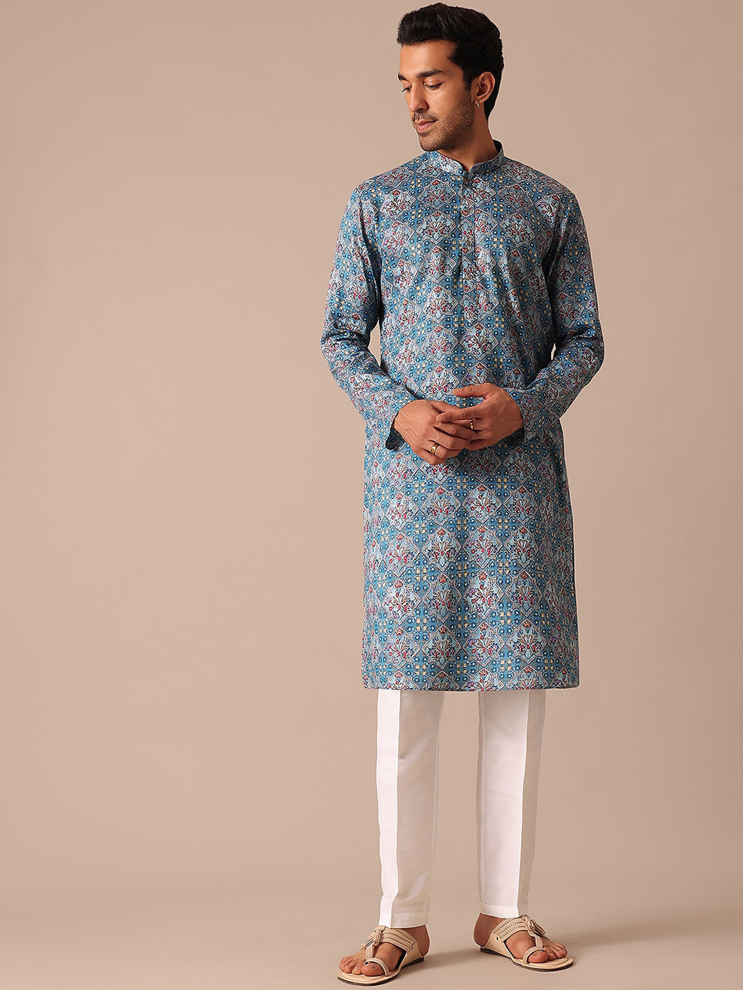 

KALKI Fashion Ethnic Motifs Printed Mandarin Collar Straight Satin Kurta With Trousers, Blue