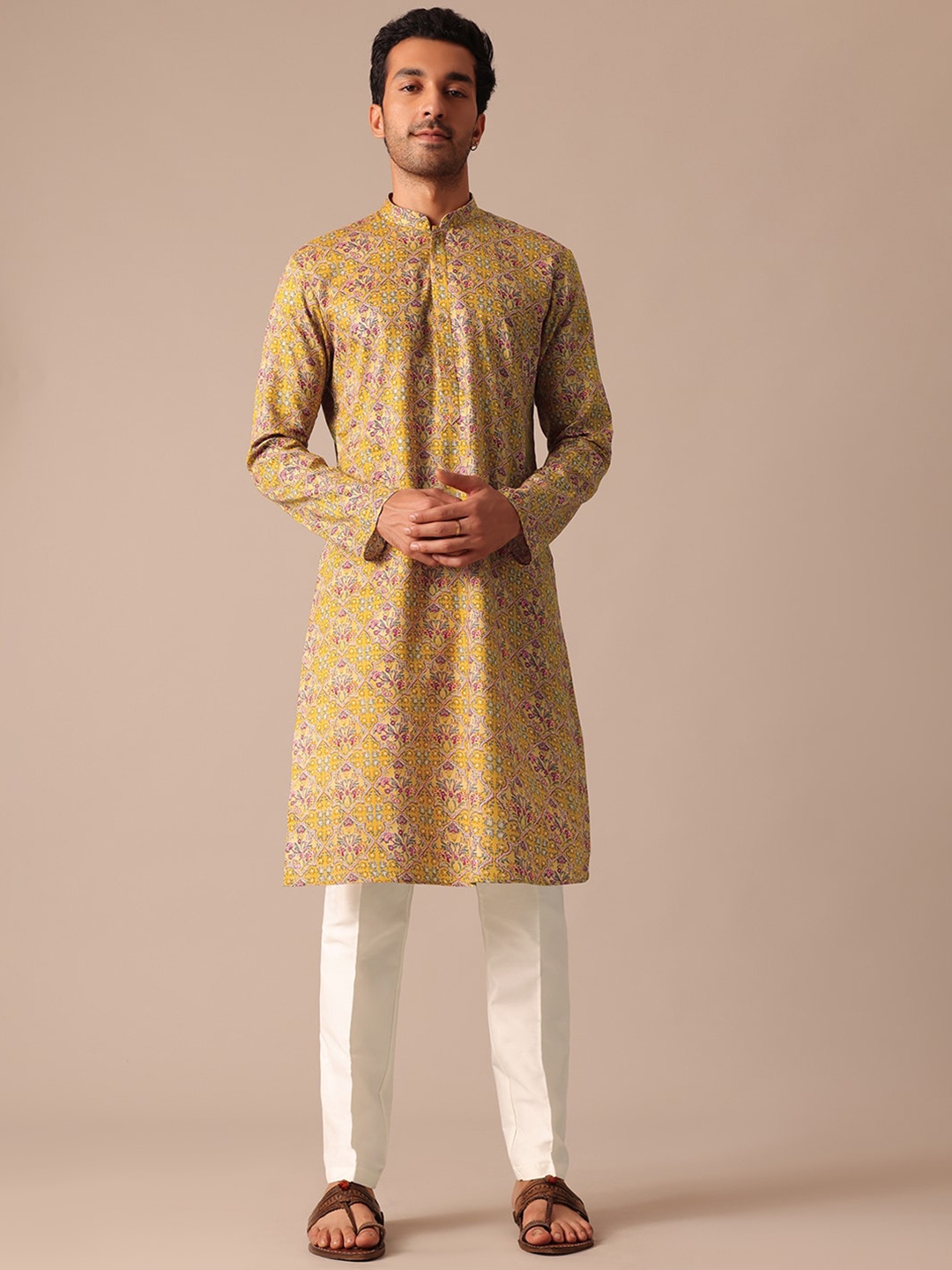 

KALKI Fashion Ethnic Motifs Printed Mandarin Collar Straight Kurta With Pyjamas, Yellow