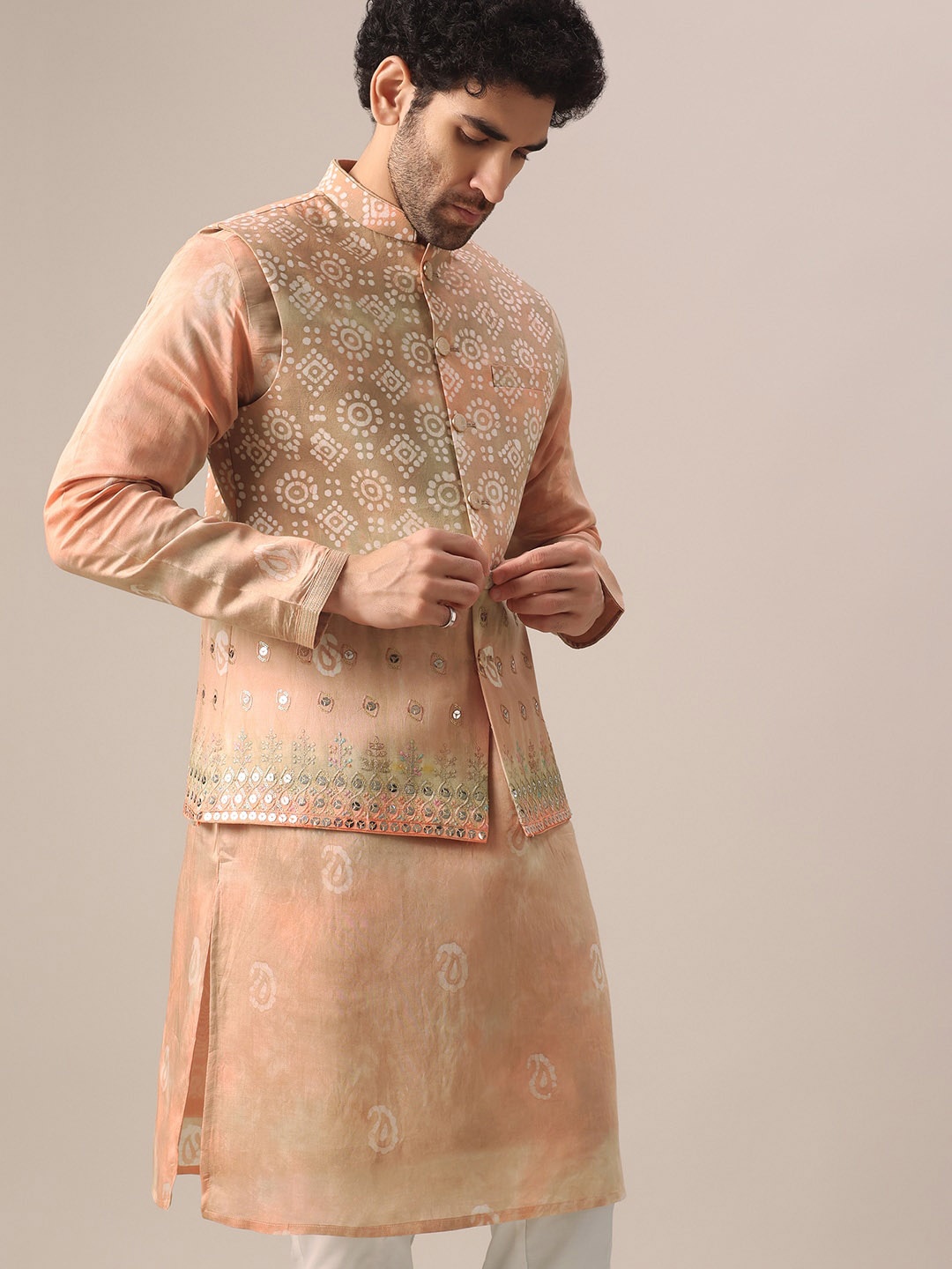 

KALKI Fashion Paisley Printed Regular Kurta with Trousers And Embellished Nehru Jacket, Peach