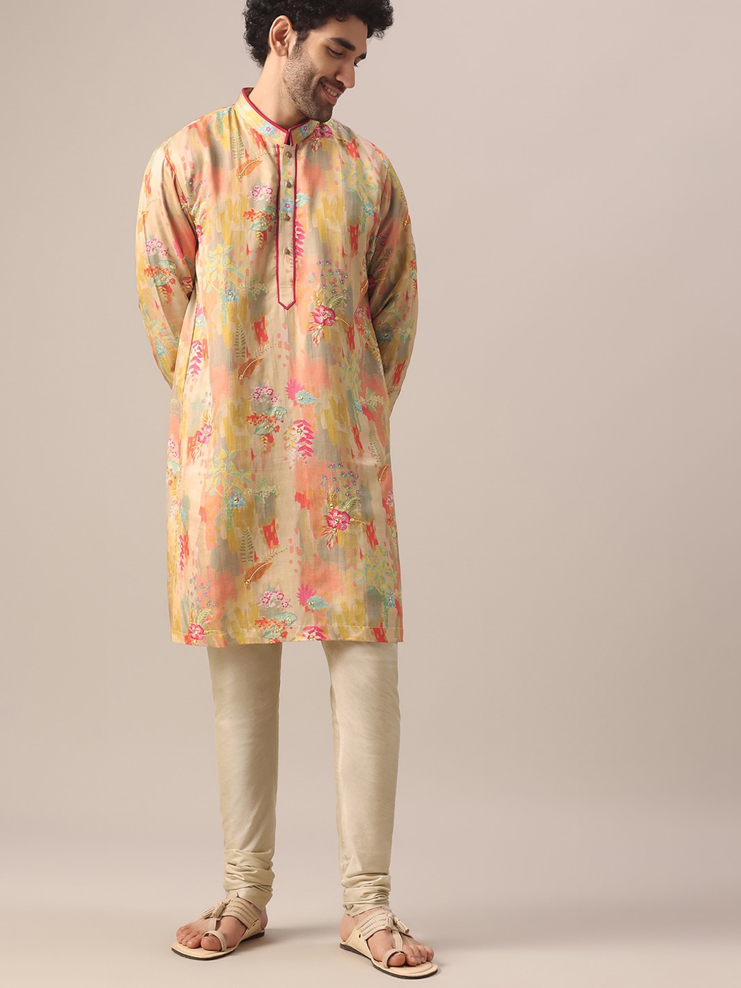 

KALKI Fashion Floral Printed Mirror Work Regular Kurta with Churidar, Beige