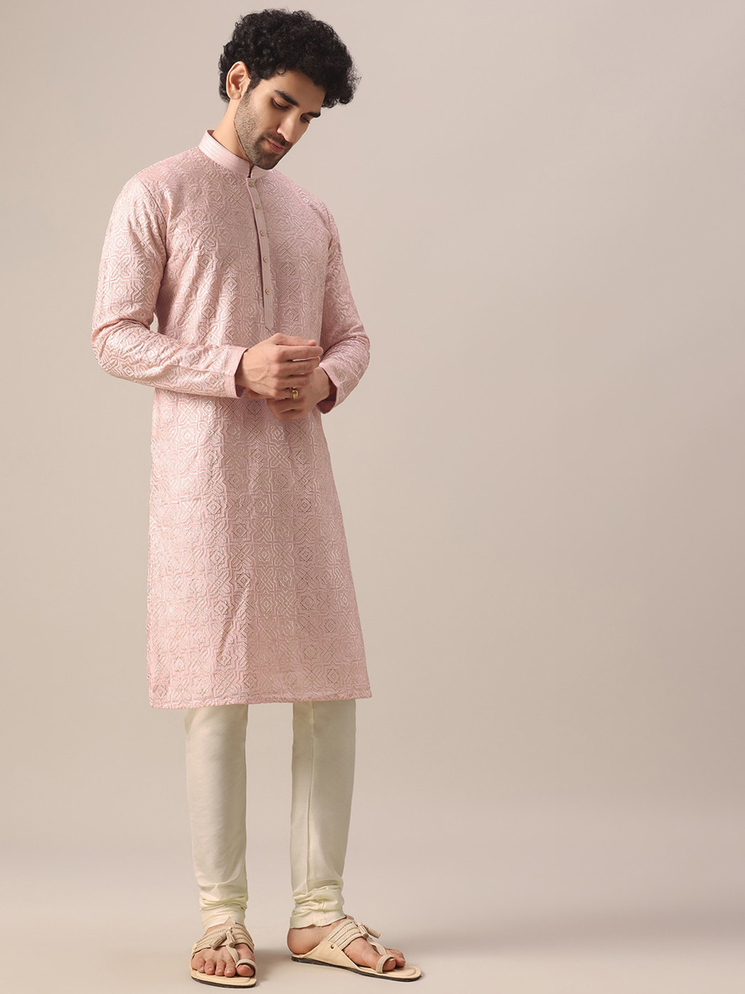 

KALKI Fashion Geometric Embroidered Regular Thread Work Kurta with Churidar, Pink