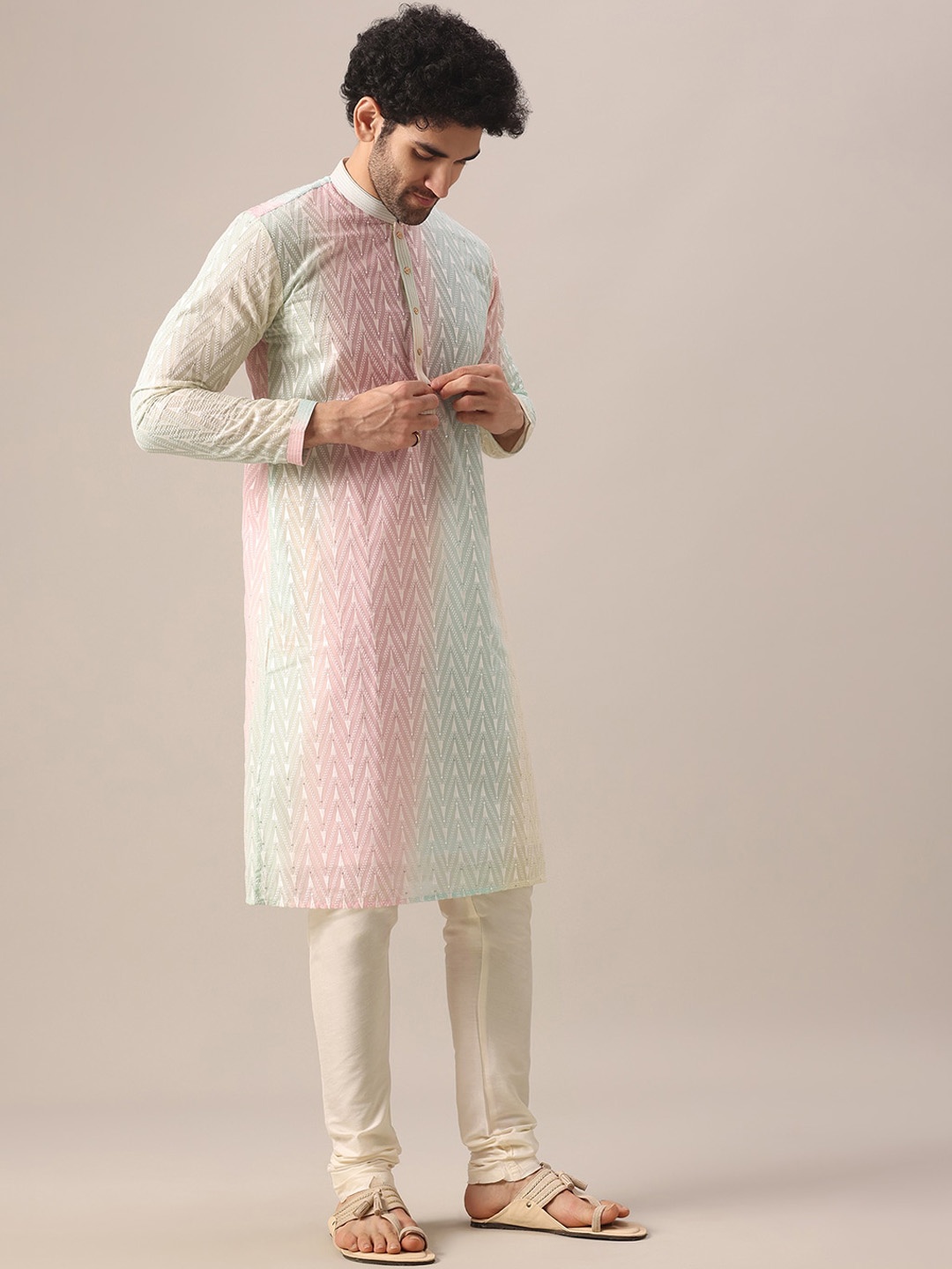 

KALKI Fashion Chevron Embroidered Sequinned Kurta With Churidar, Pink