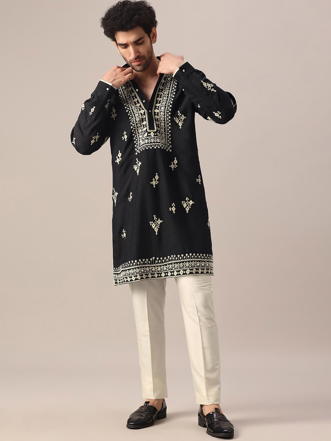 

KALKI Fashion Floral Embroidered Kurta With Churidar, Black