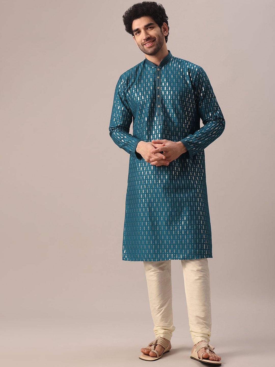 

KALKI Fashion Ethnic Motifs Embroidered Regular Sequinned Kurta With Churidar, Blue