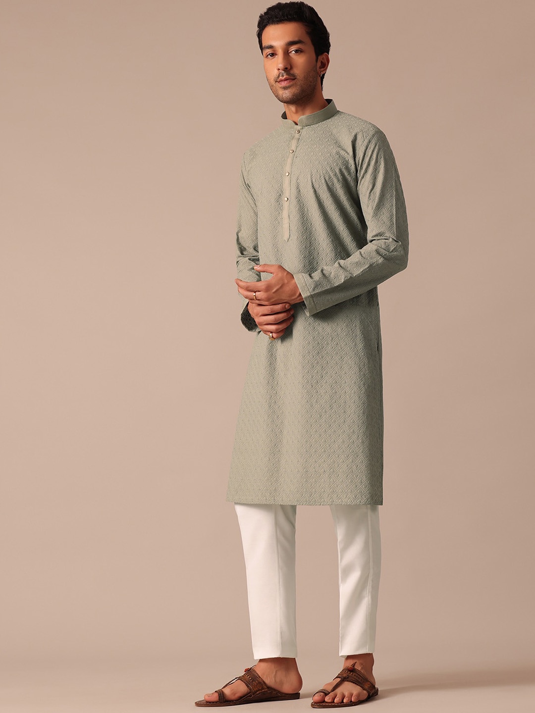 

KALKI Fashion Embroidered Regular Lucknowi Chikankari Kurta With Trousers, Green