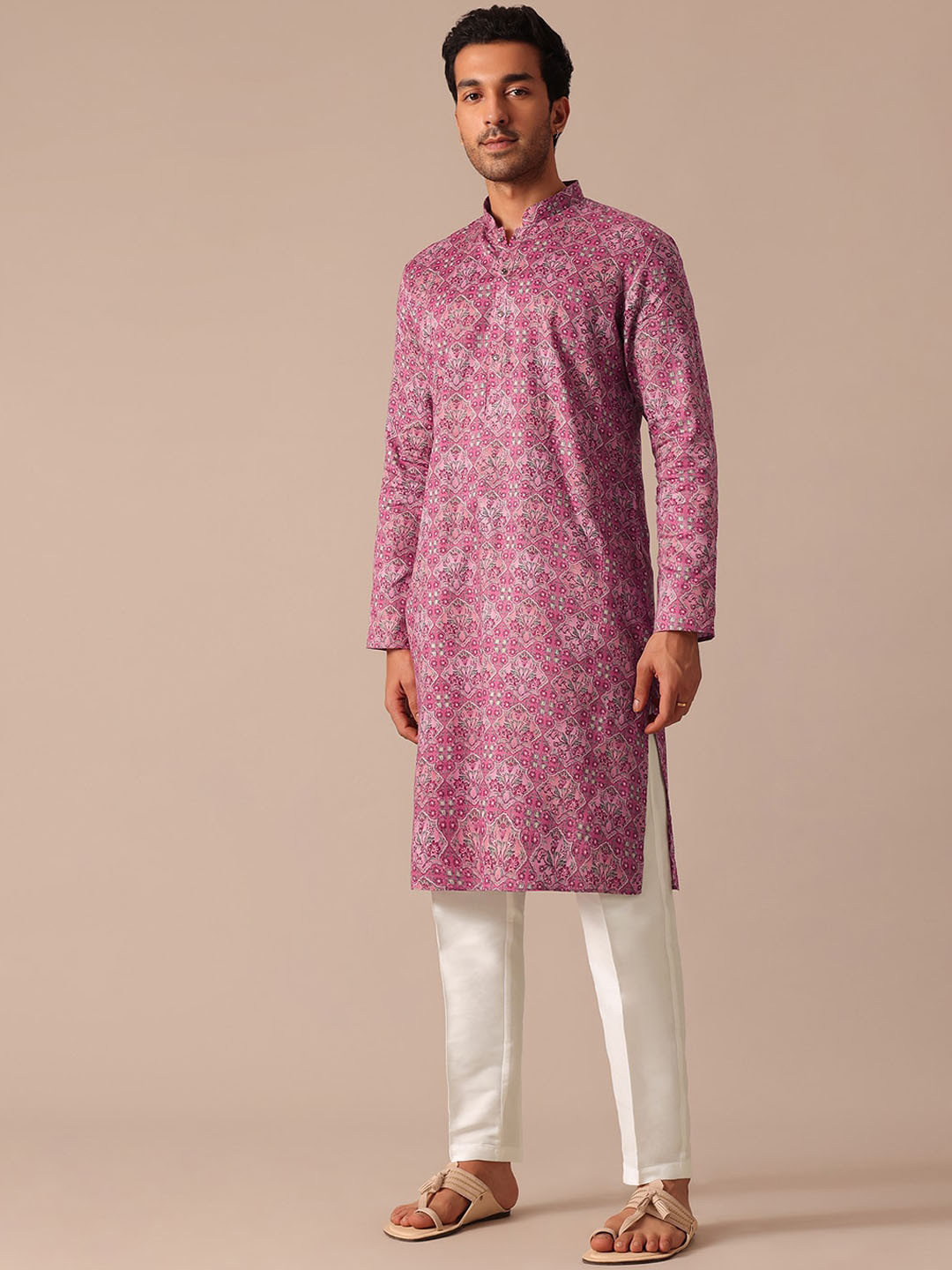 

KALKI Fashion Ethnic Motifs Printed Regular Satin Kurta With Trousers, Pink