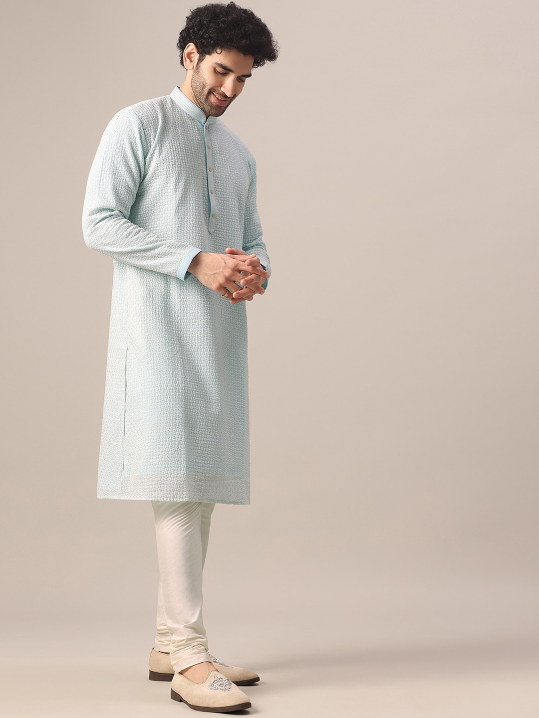

KALKI Fashion Ethnic Motifs Embroidered Regular Thread Work Straight Kurta with Churidar, Blue
