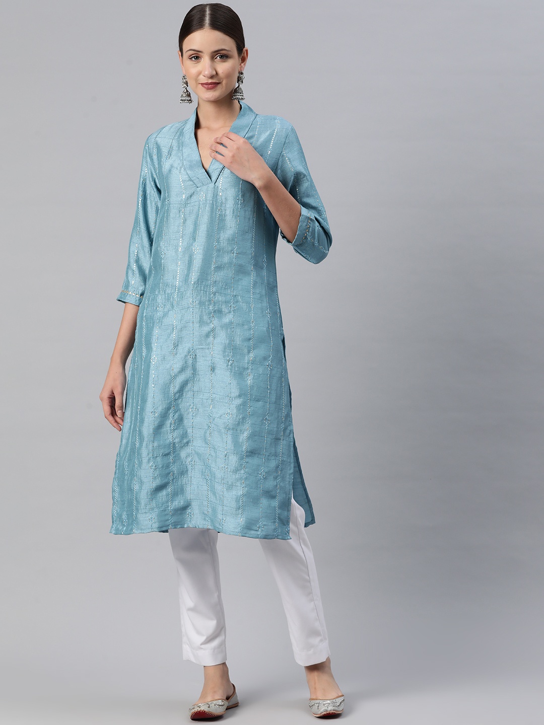

Readiprint Women Embroidered Sequinned Floral Kurta, Blue