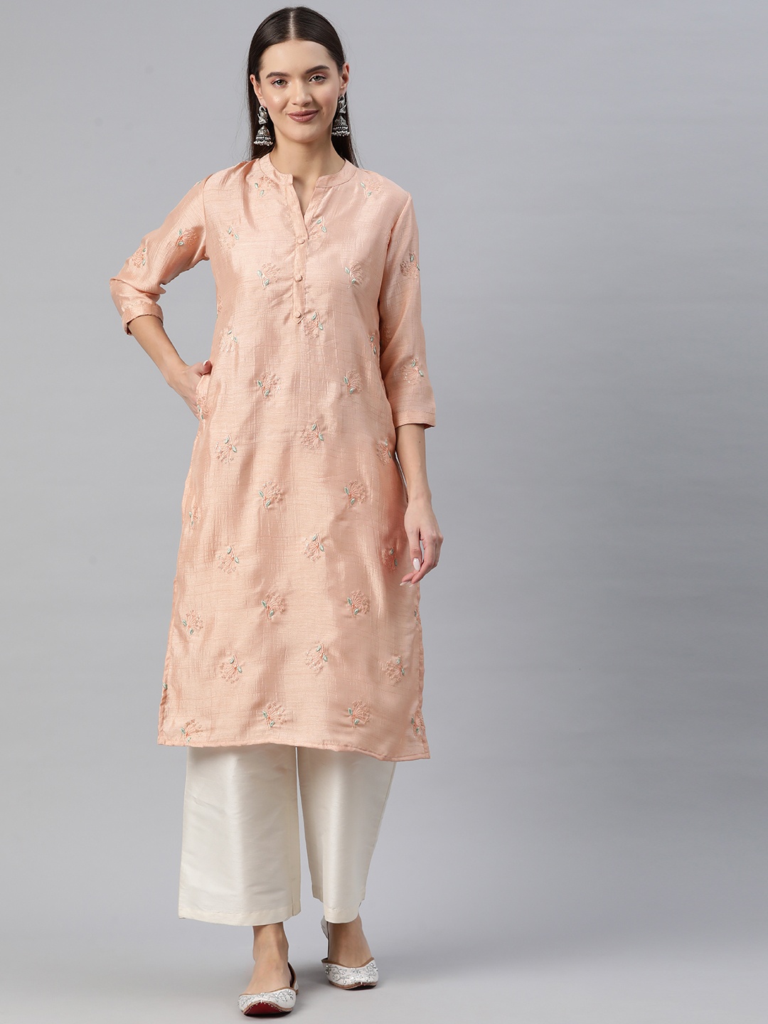 Readiprint Floral Embroidered Sequinned Detail Straight Kurta, Peach