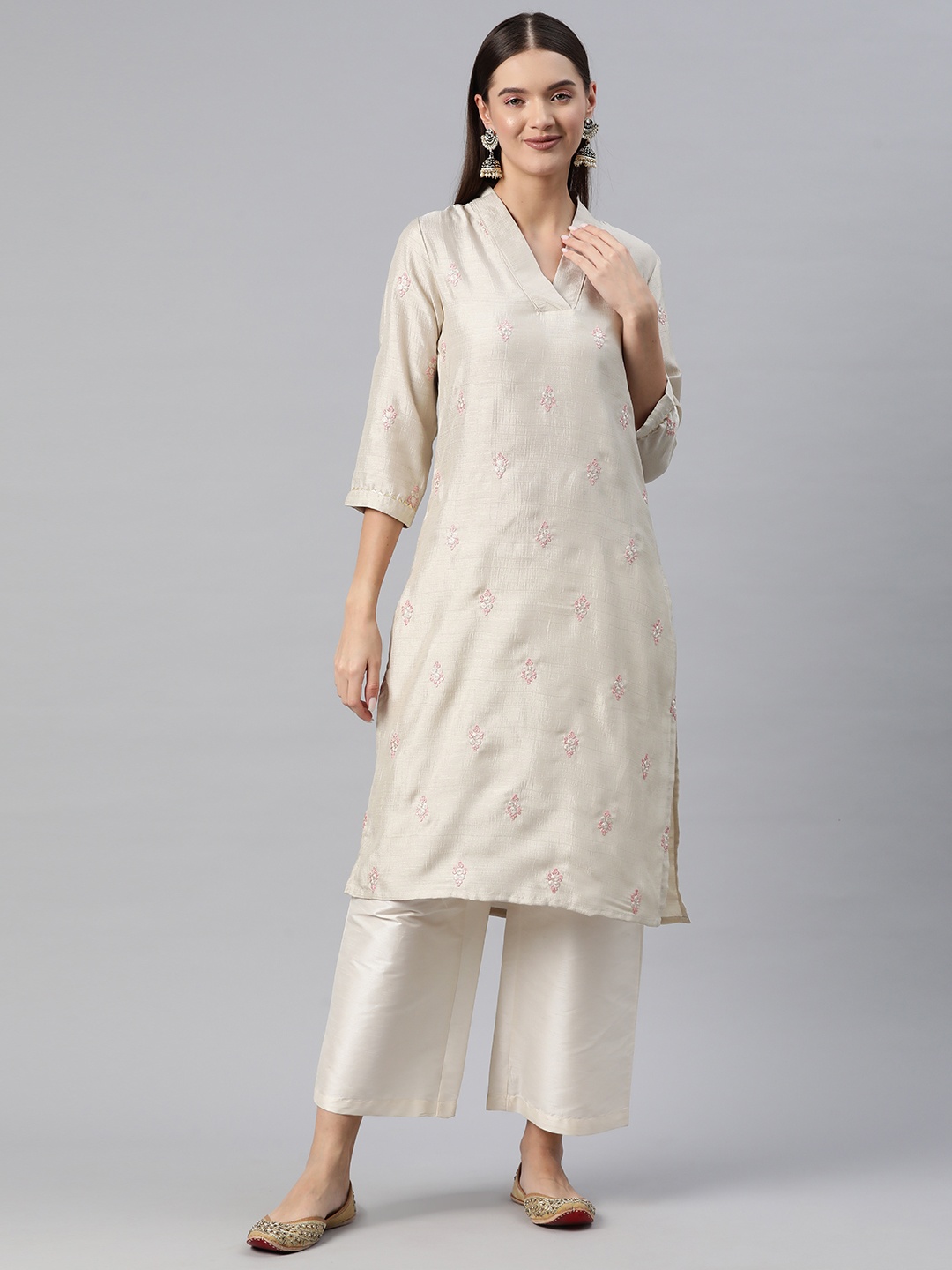 Readiprint Floral Embroidered Thread Work Detail Straight Kurta, Grey