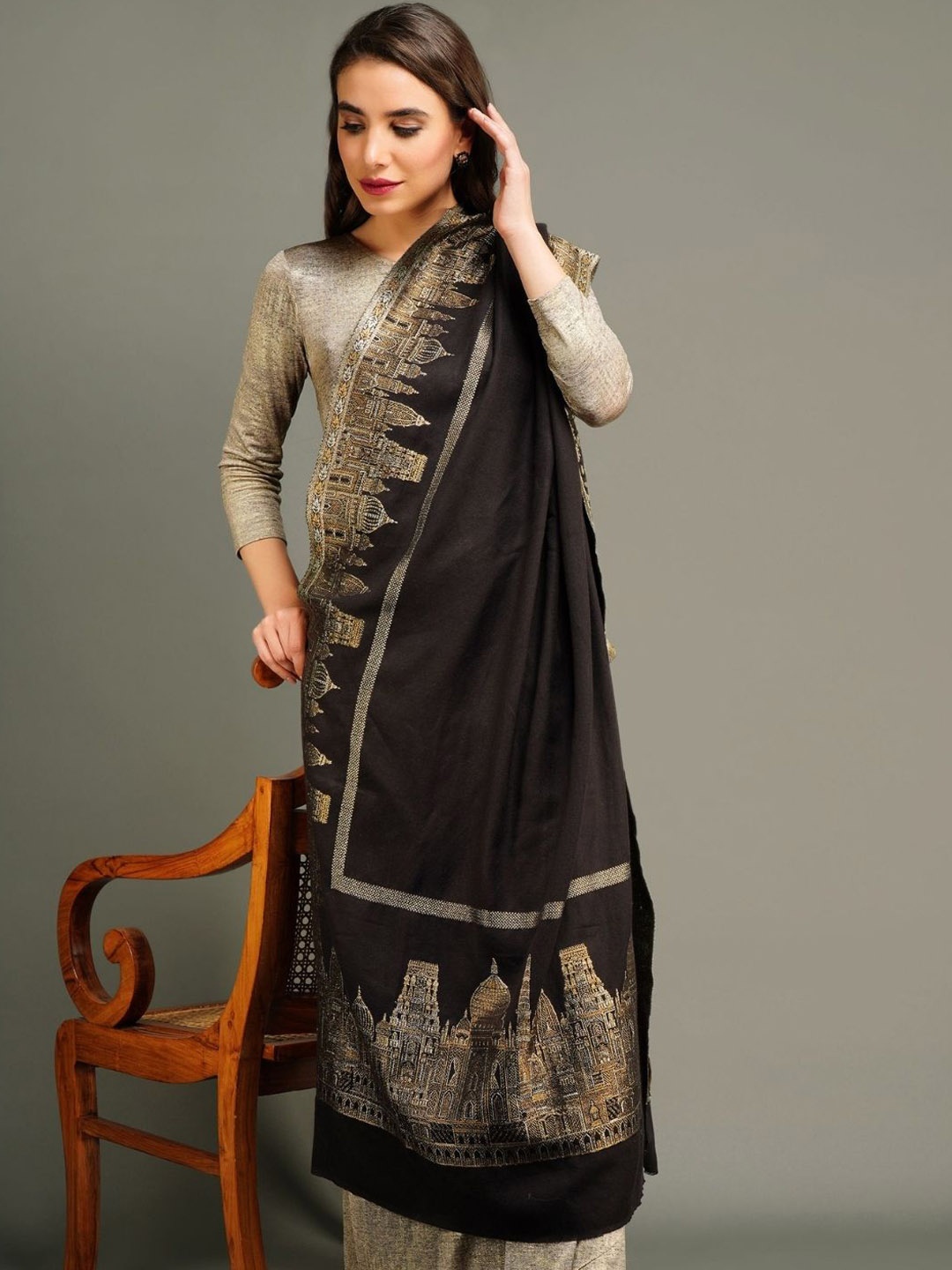 

DUSALA INDIA Ethnic Motifs Embroidered Aari Work Shawl, Black