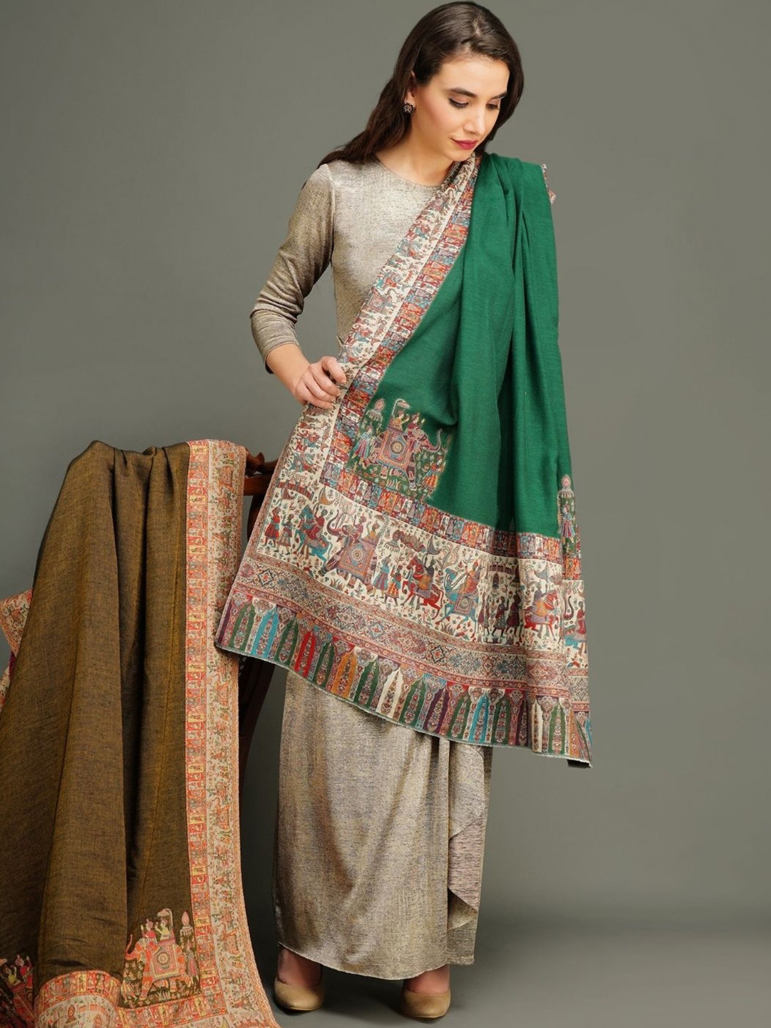 

DUSALA INDIA Ethnic Motifs Woven Design Woolen Shawl, Green