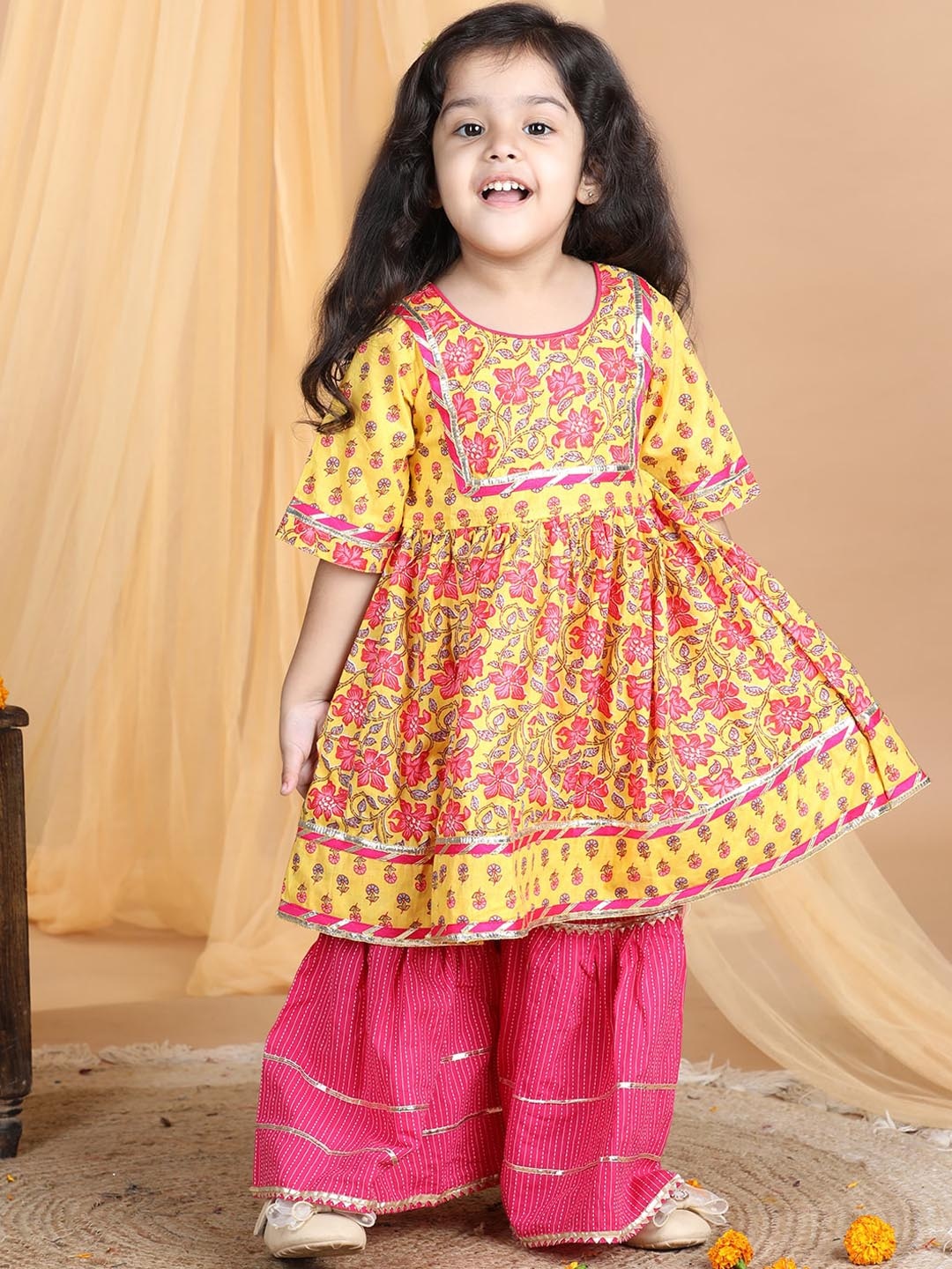 

Here&Now X Kinder KidsEthnic Motifs Printed Empire Gotta Patti Pure Cotton Kurta with Sharara, Yellow