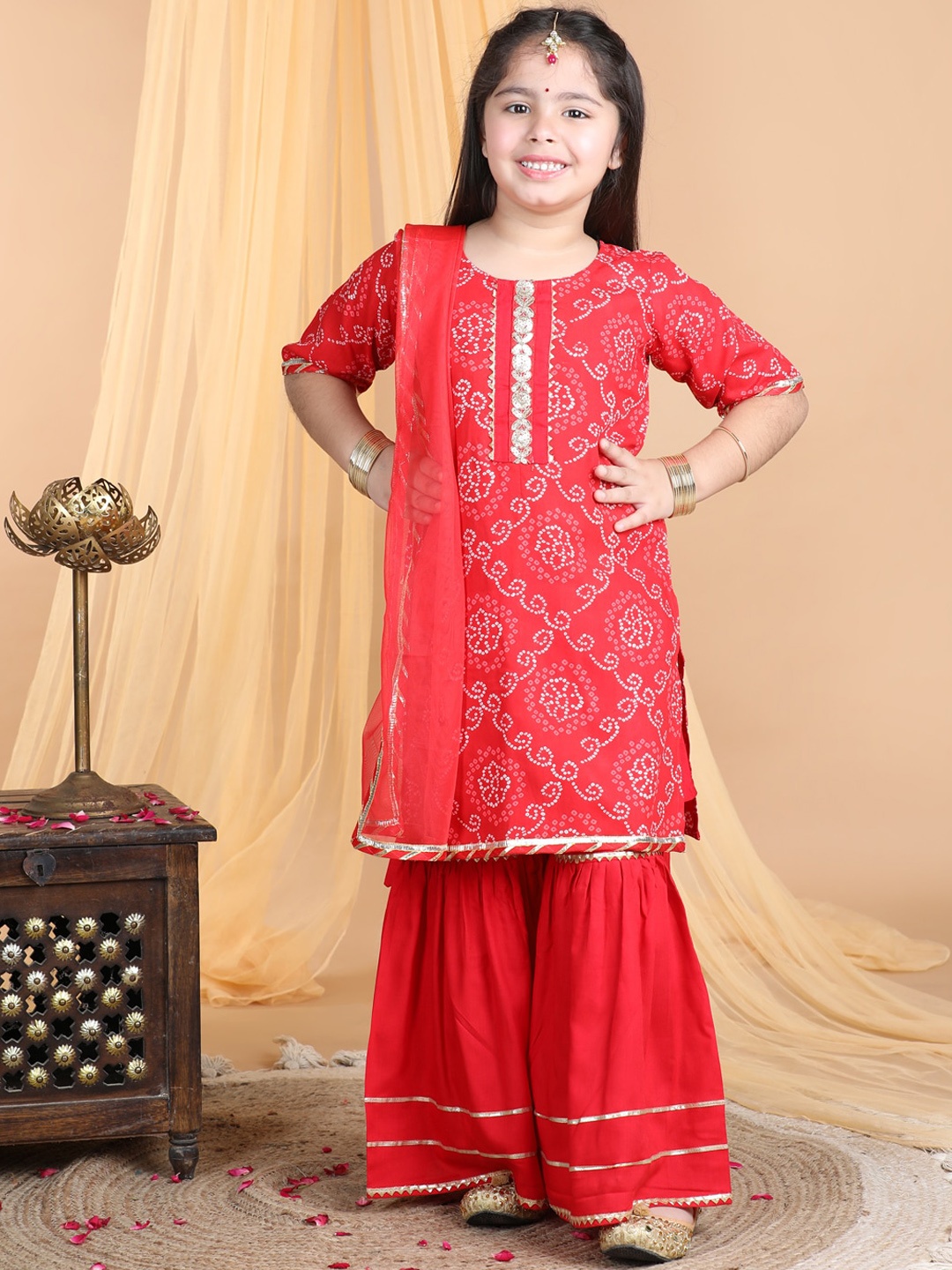 

Here&Now X Kinder KidsGirls Bandhani Printed Gotta Patti Pure Cotton Kurti With Sharara & Dupatta, Red