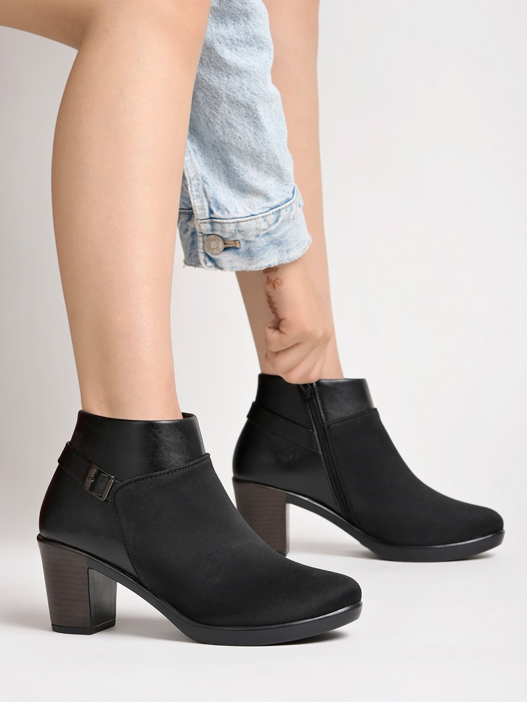 

Shoetopia Women Mid Top Block-Heeled Regular Boots With Buckle Detail, Black