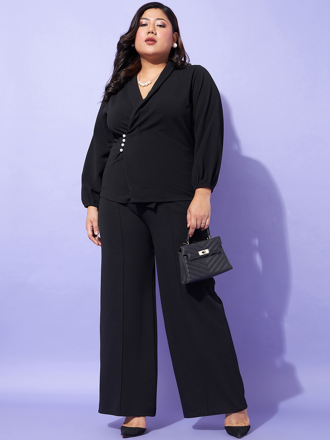 

SASSAFRAS Curve Plus Size V-Neck Wrap Top With Trousers Co-Ords, Black