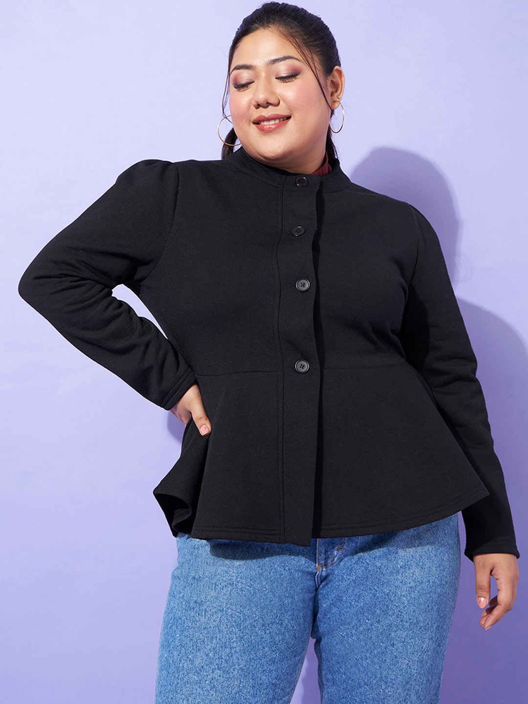 

SASSAFRAS Curve Plus Size Black Mandarin Collar Tailored Jacket