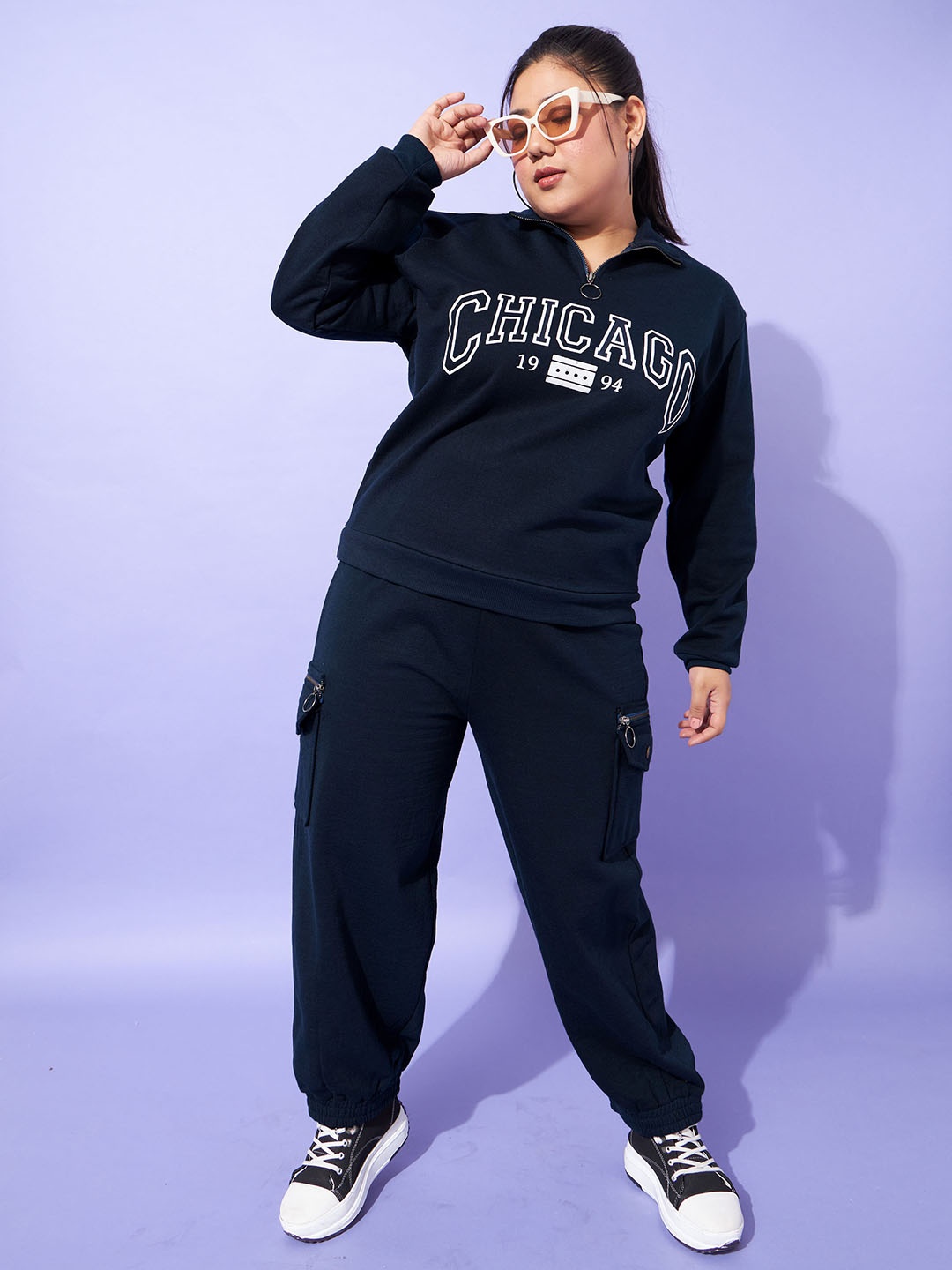 

SASSAFRAS Curve Printed Shirt Collar Sweatshirt With Joggers Co-Ords, Navy blue