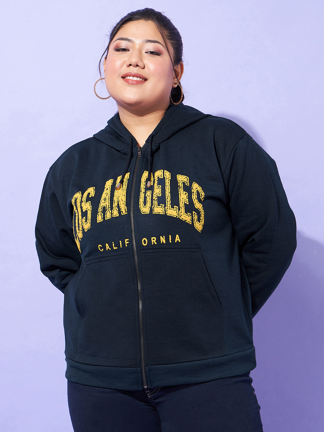 

SASSAFRAS Curve Plus Size Navy Blue Typography Printed Sweatshirt