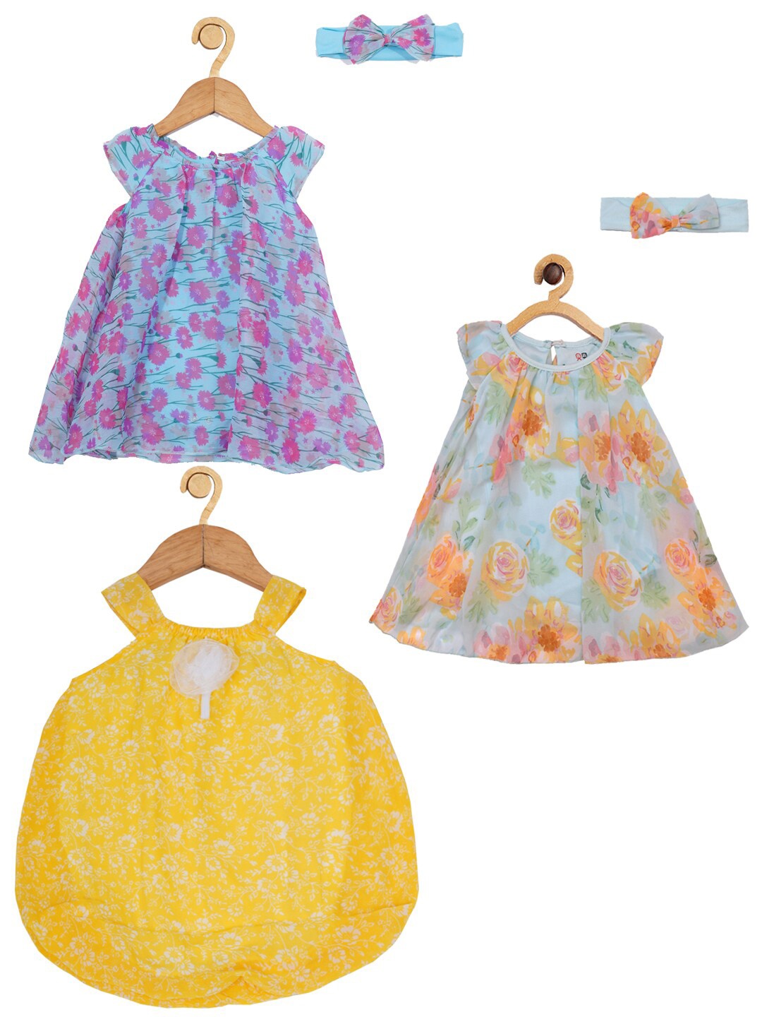 

Creative Kids Infants Girls Pack Of 3 Floral Printed Romper A-Line Dress, Blue
