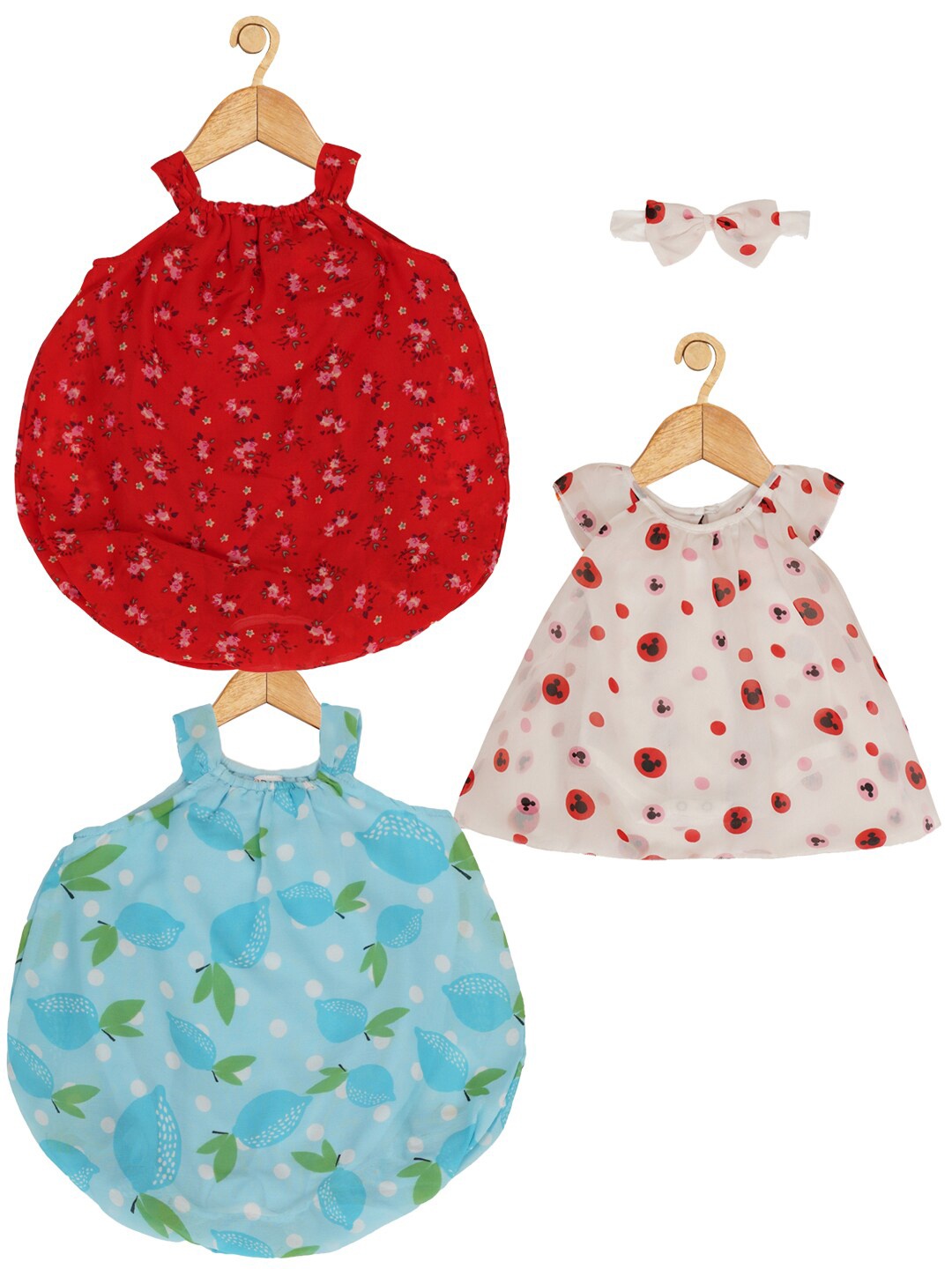 

Creative Kids Infant Girls Pack Of 3 Conversational Printed Balloon Romper Dresses, Red