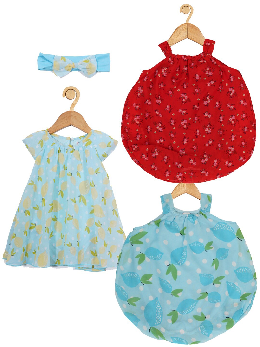 

Creative Kids Infants Girls Pack Of 3 Floral Printed Balloon Romper Dress, Turquoise blue