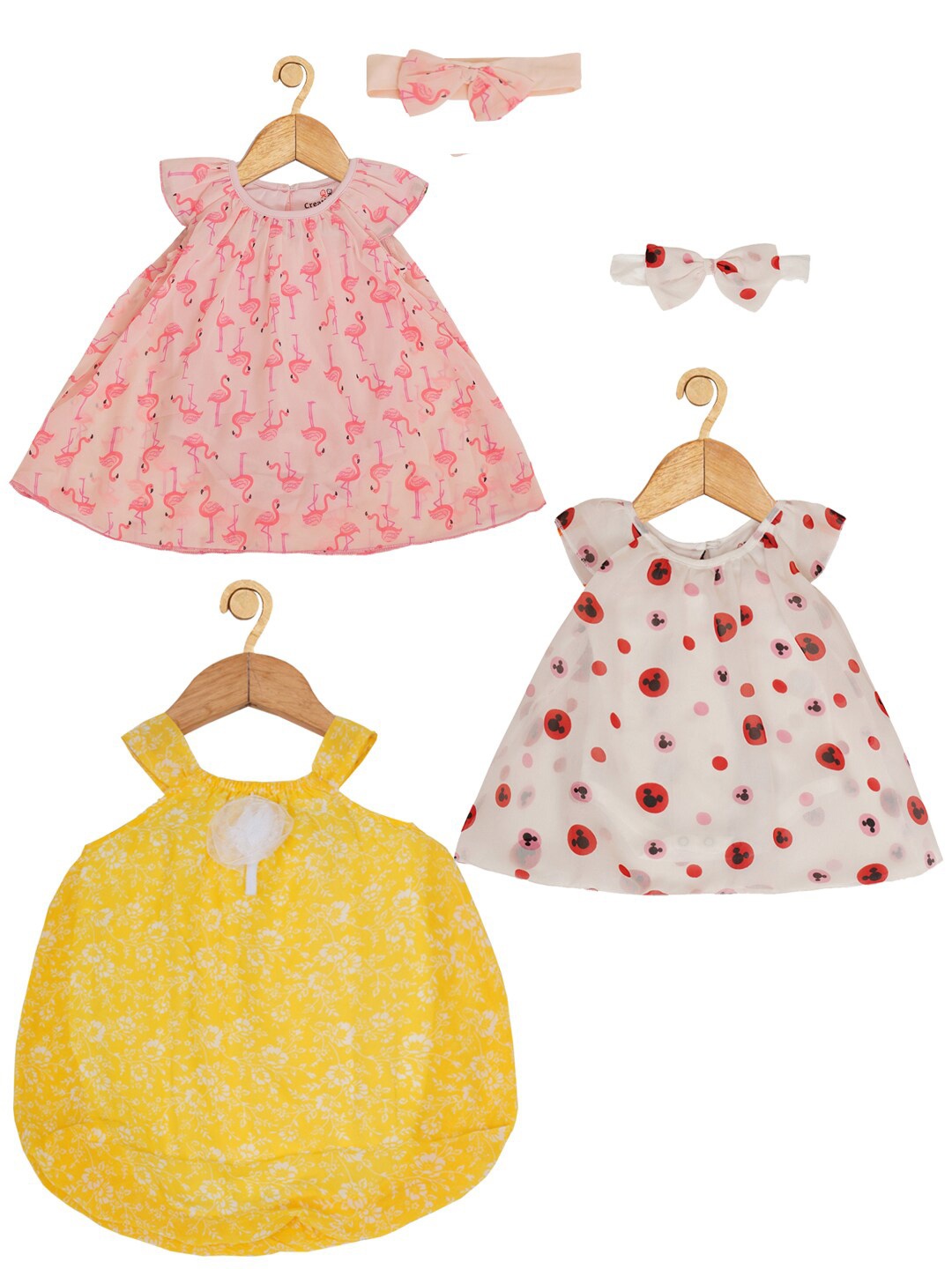 

Creative Kids Infants Girls Pack Of 3 Floral Printed Fit & Flare A-Line Romper Dress, Pink