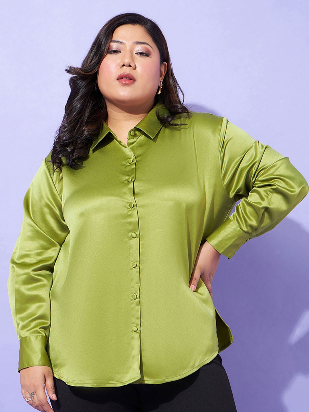 

SASSAFRAS Curve Plus Size Comfort Satin Shirt, Olive