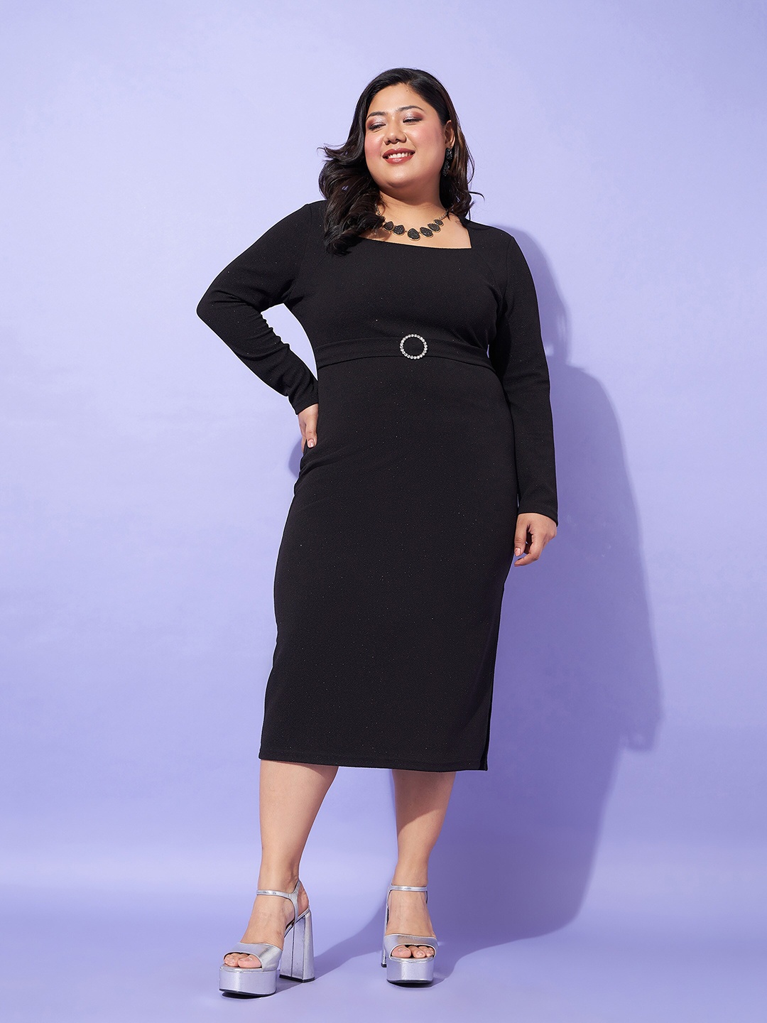 

SASSAFRAS Curve Plus Size Square Neck Sheath Midi Dress, Black