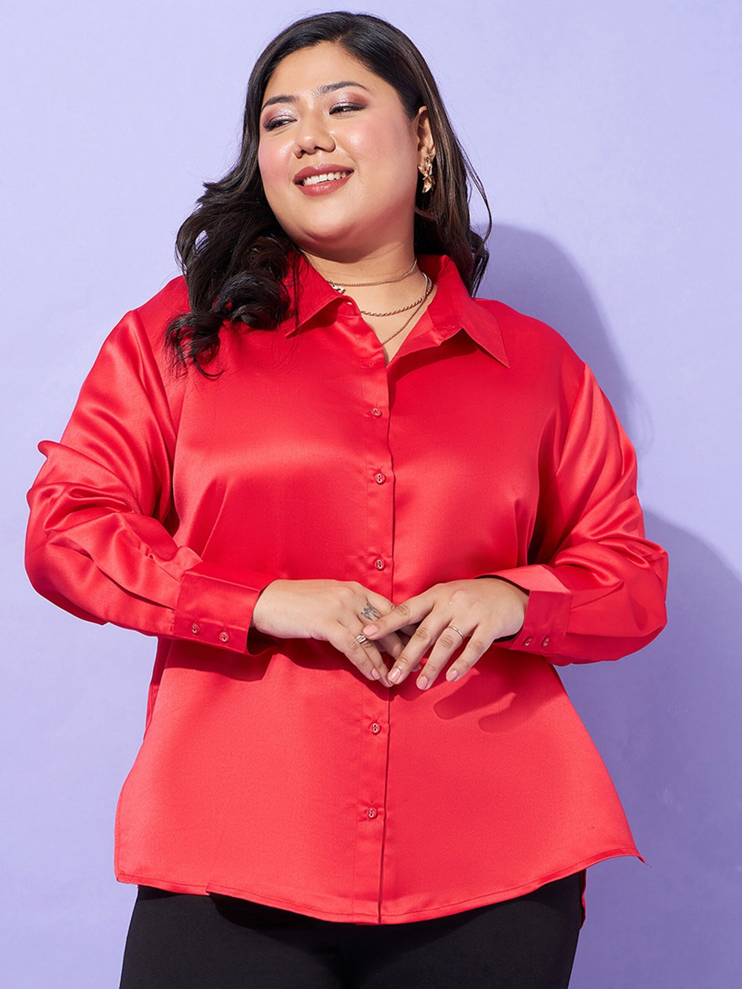 

SASSAFRAS Curve Plus Size Comfort Satin Shirt, Red