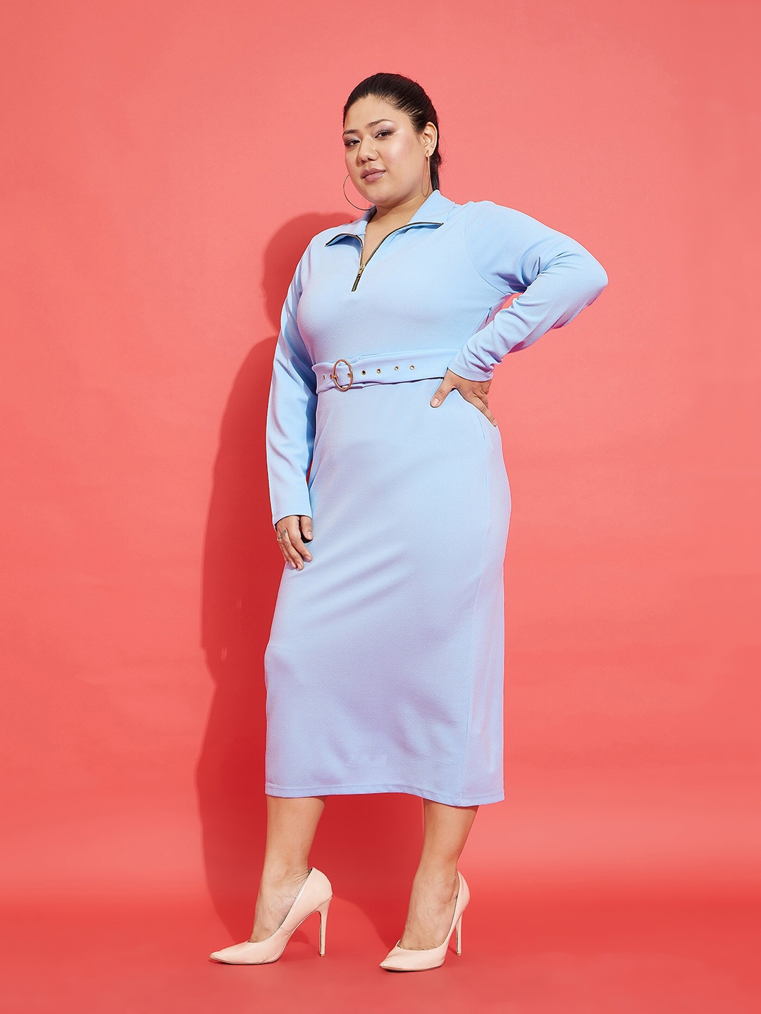 

SASSAFRAS Curve Blue Plus Size Spread Collar Long Sleeves Belted A-Line Midi Dress