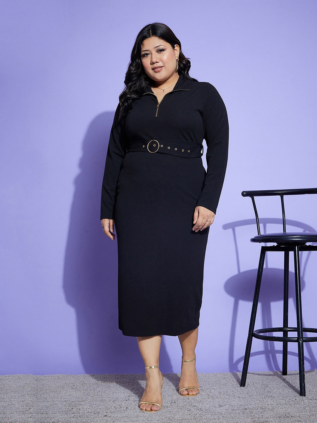 

SASSAFRAS Curve Plus Size Belt Detailed High Neck Sheath Midi Dress, Black
