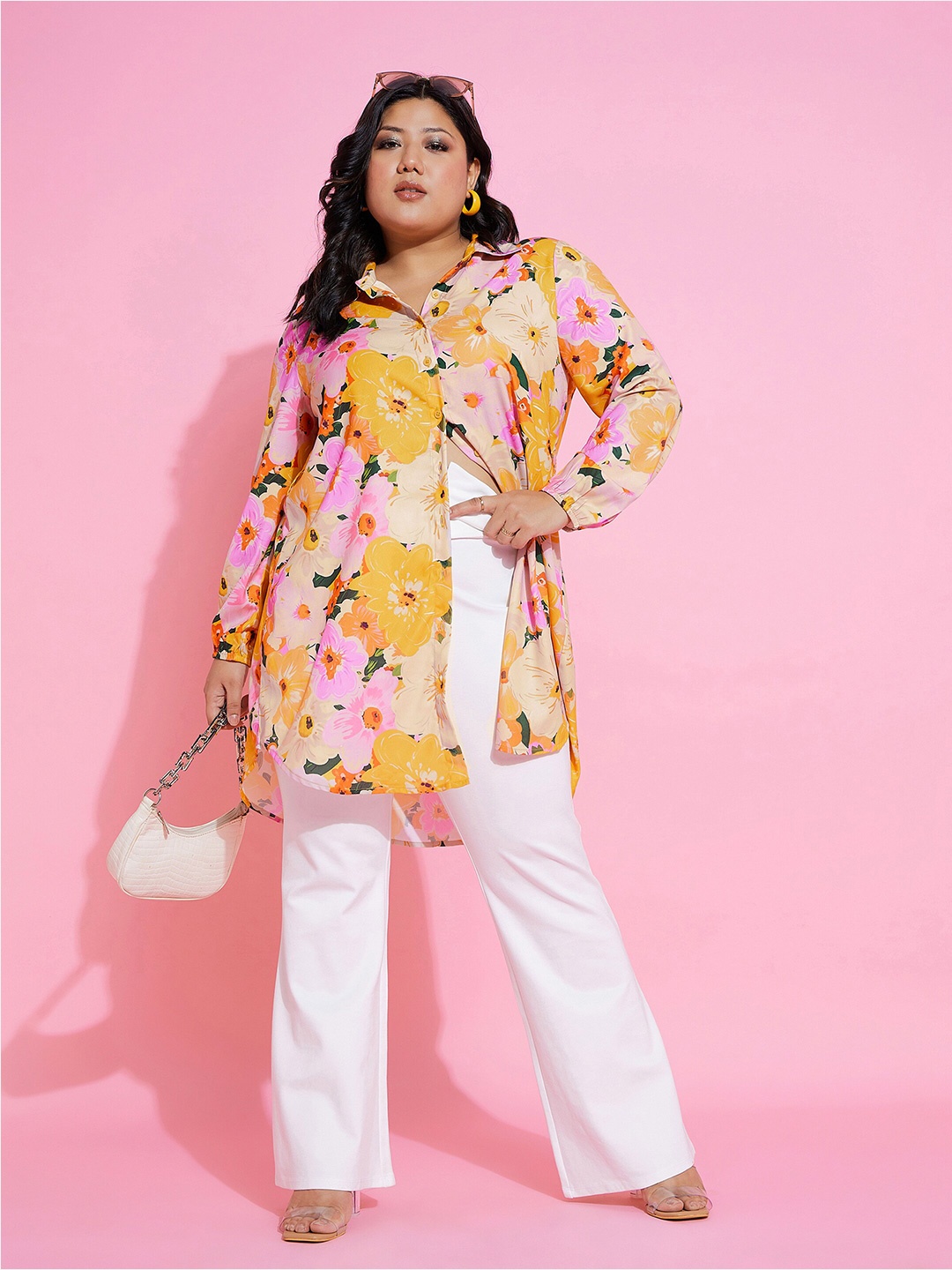 

SASSAFRAS Curve Plus Size Floral Printed Comfort Longline Casual Shirt, Orange