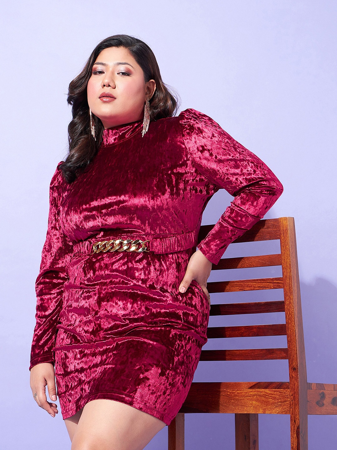

SASSAFRAS Curve Plus Size High Neck Puff Sleeves Velvet Bodycon Above Knee Dress, Red