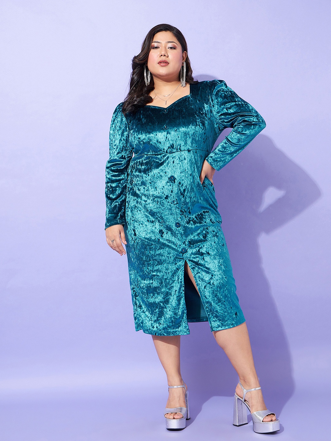 

SASSAFRAS Curve Plus Size Velvet Sheath Dress, Teal