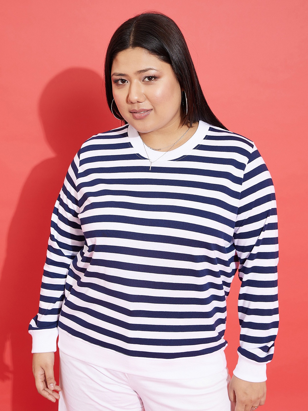 

SASSAFRAS Curve Navy Blue Plus Size Striped Pullover Sweatshirt