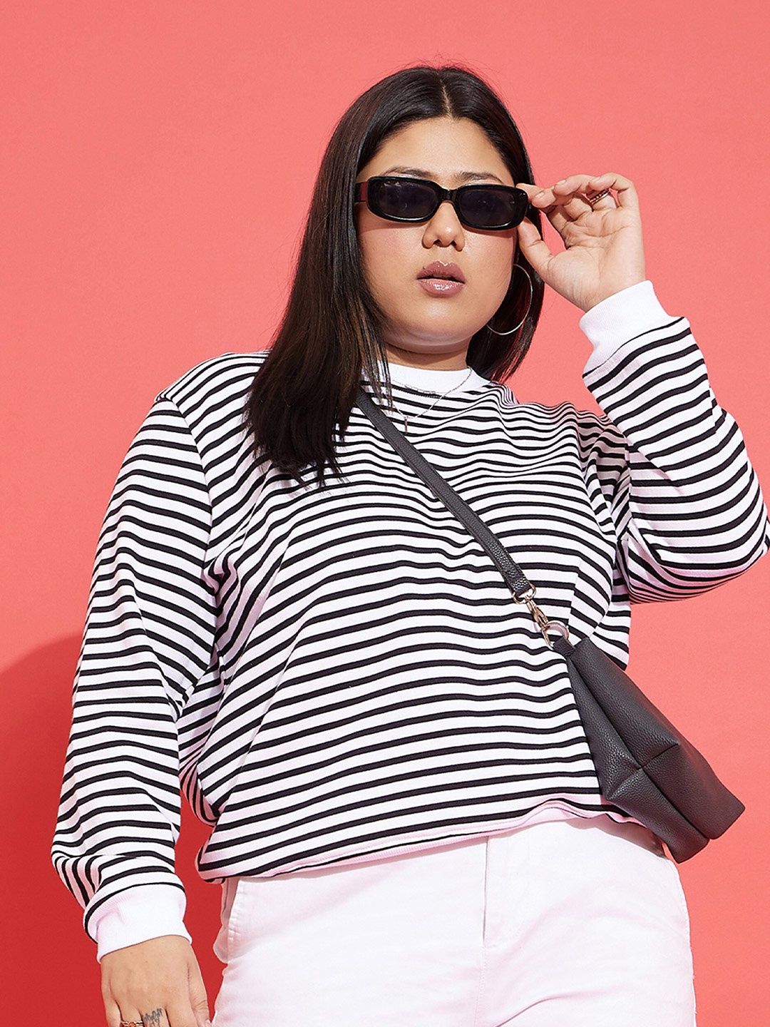 

SASSAFRAS Curve Plus Size Black Striped Pure Cotton Sweater