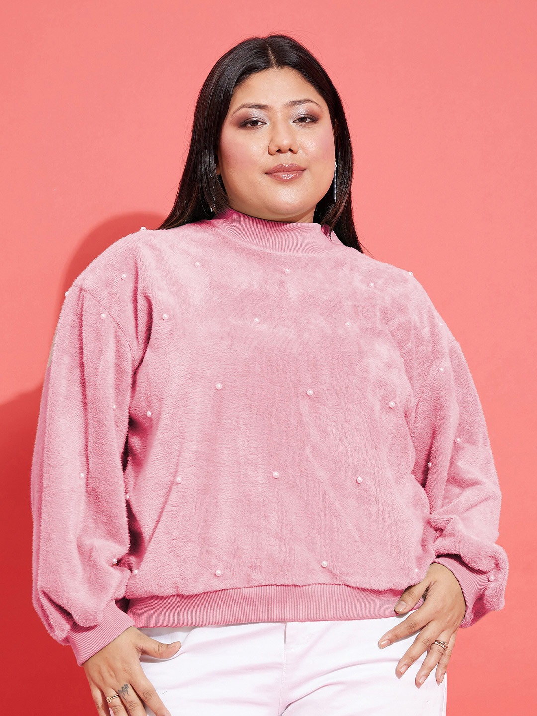 

SASSAFRAS Curve Plus Size Embellished High Neck Long Sleeve Fleece Pullover Sweatshirt, Pink